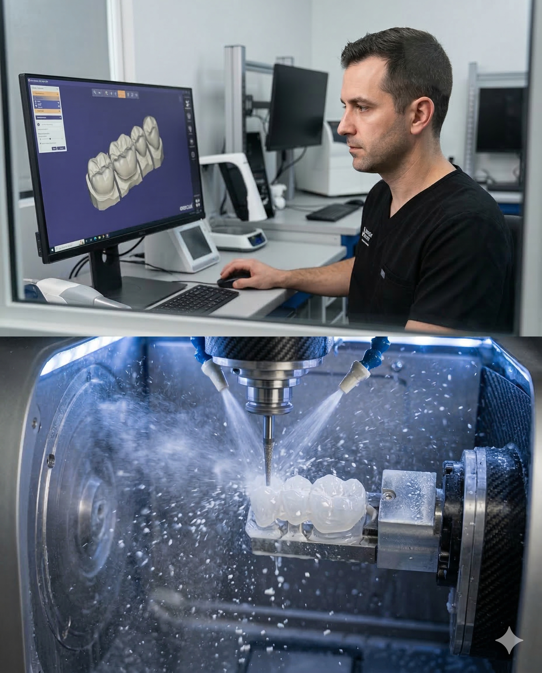 técnico de laboratorio dental trabajando con fresadora CAD/CAM para corona de circonio